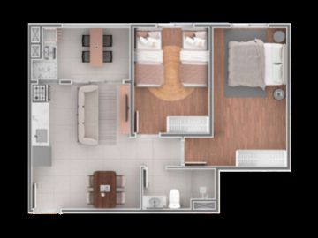 Layout inteligente com 2 dormitrios, unindo funcionalidade e aconchego em um espao bem distribudo.